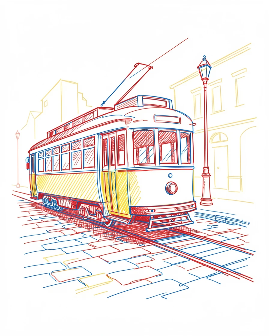 A vintage streetcar rattling down a cobblestone city avenue