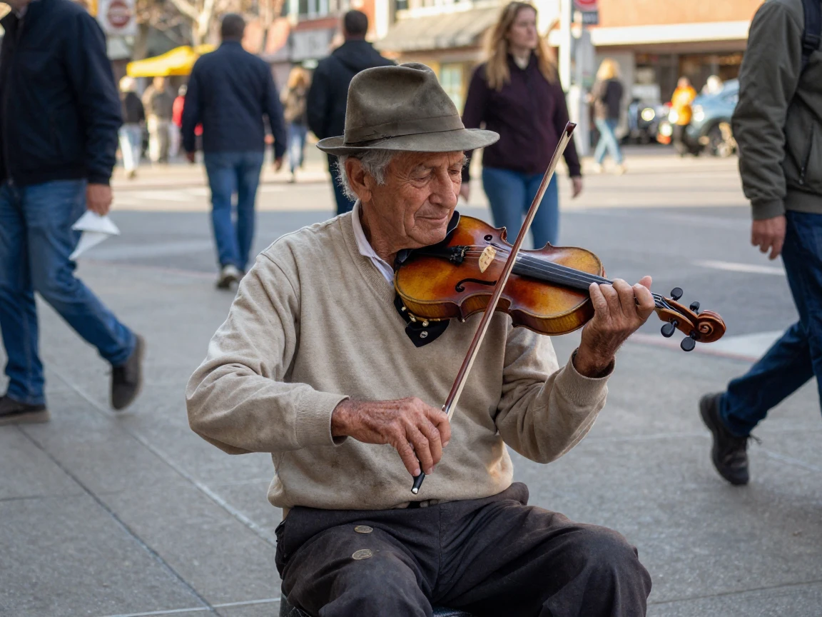 An elderly man plays a violin on a street corner, a hat with a few coins resting at his feet.
