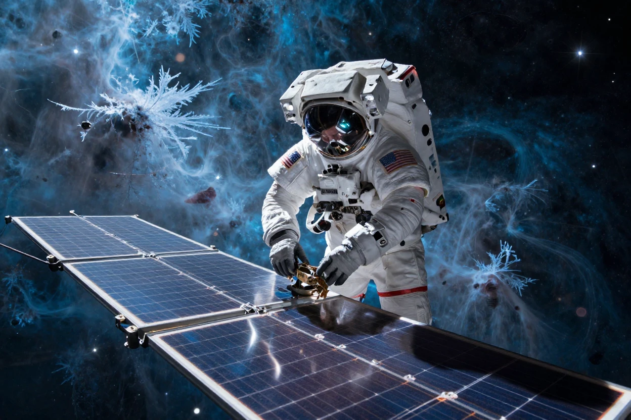 A young astronomer repairing solar panels during a spacewalk within a vast icy nebula