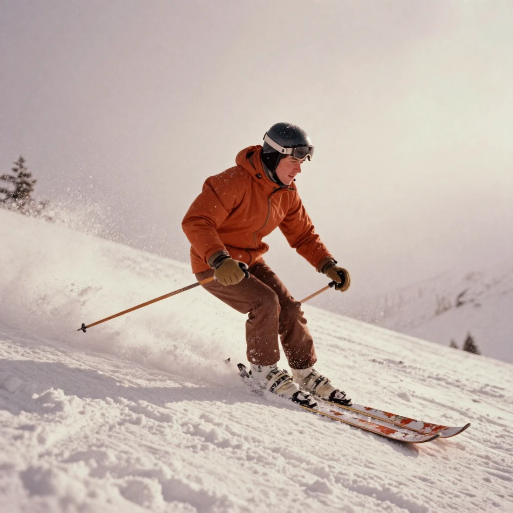 A skier carving fresh tracks down a powdery slope, under a pale winter sky, under a light drizzle, in the depths of winter, in earthy terracotta and ochre shades, at eye level, intimate and direct.