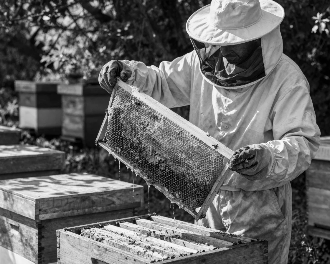 A beekeeper lifts a honeycomb frame dripping with honey in a sunlit apiary.