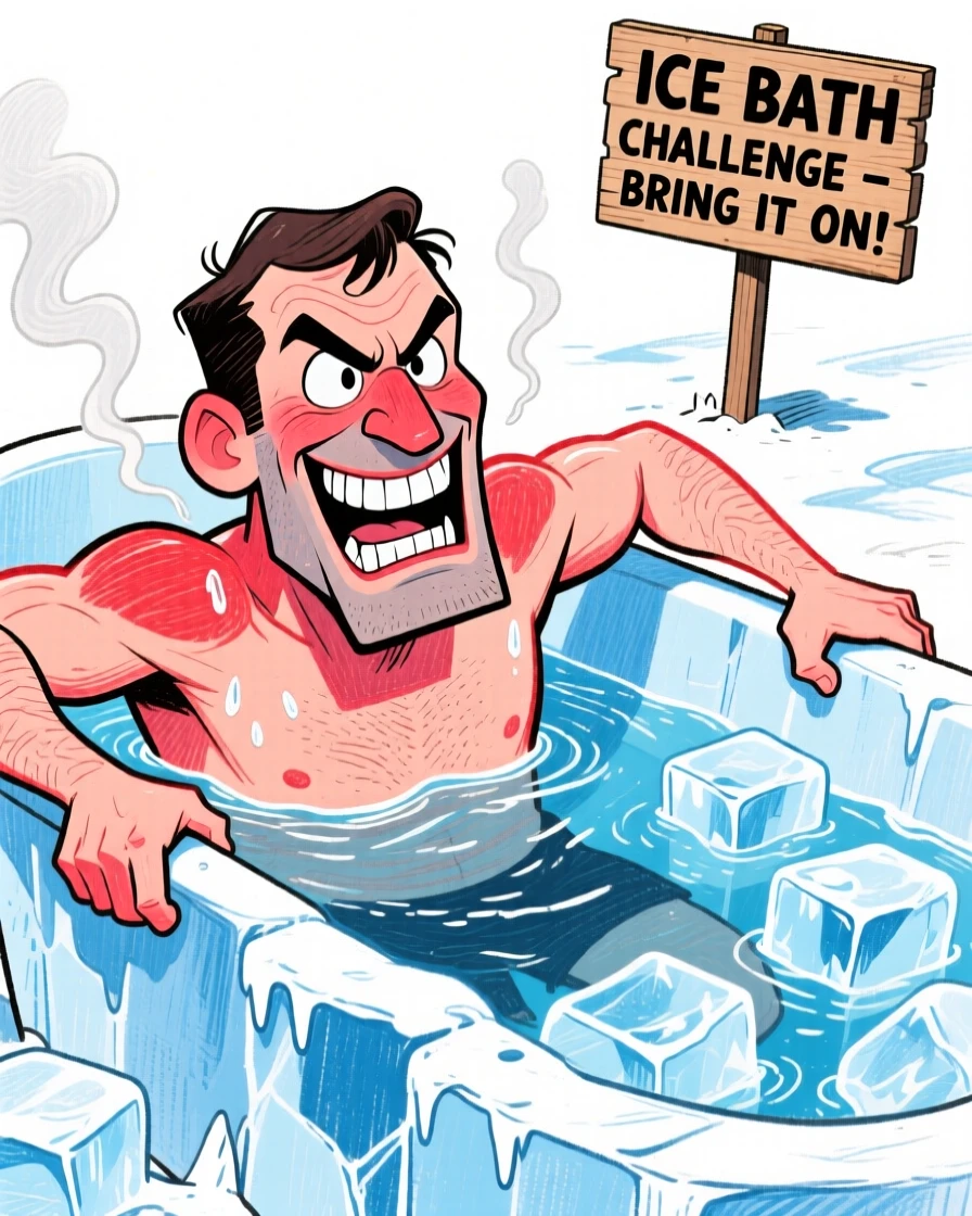 A man doing an ice bath challenge, gritting his teeth with a determined grin.