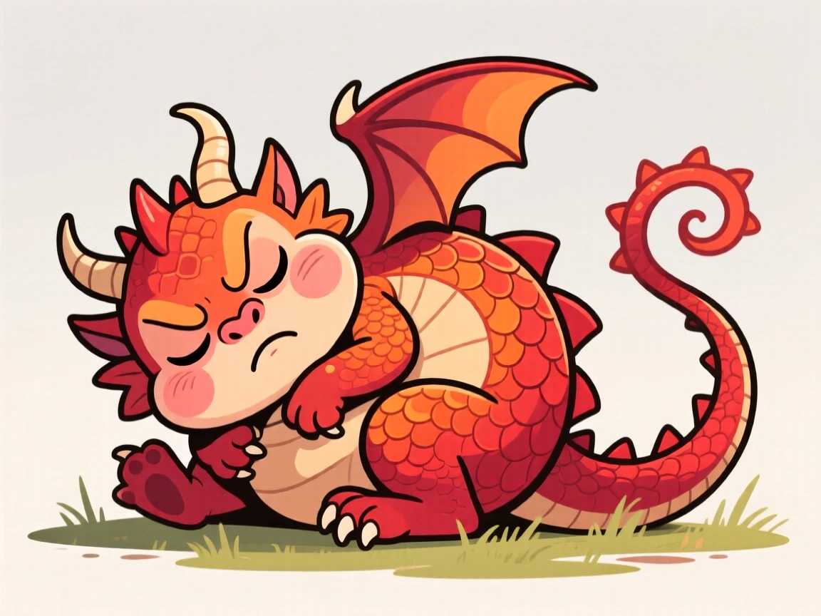 A charming animal moment featuring a fierce baby dragon napping in the most improbable position imaginable, with an exaggerated, comically expressive face.
