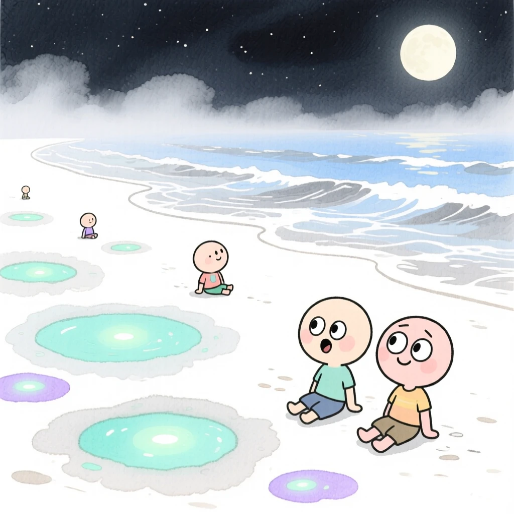 A serene landscape of a moonlit beach with gentle waves and glowing tide pools wrapped in gentle mist