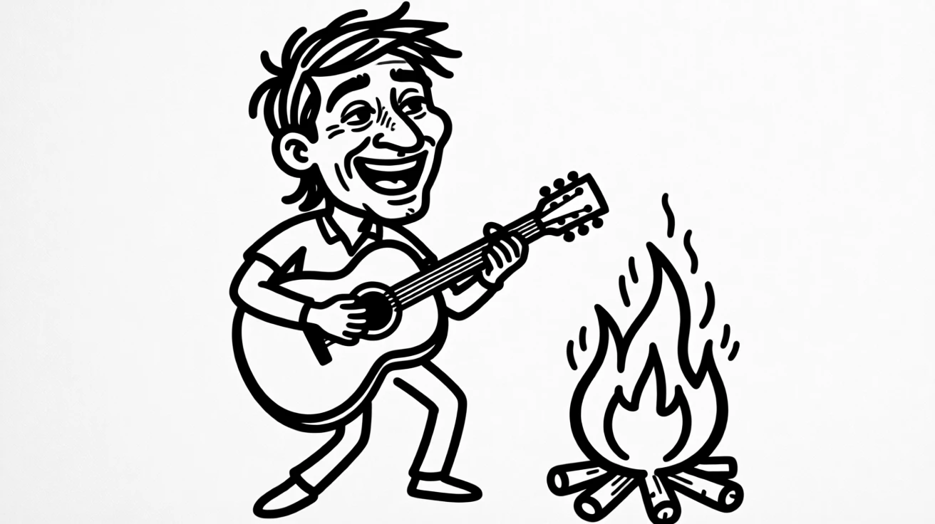 A folk singer performing with an acoustic guitar around a cozy bonfire.