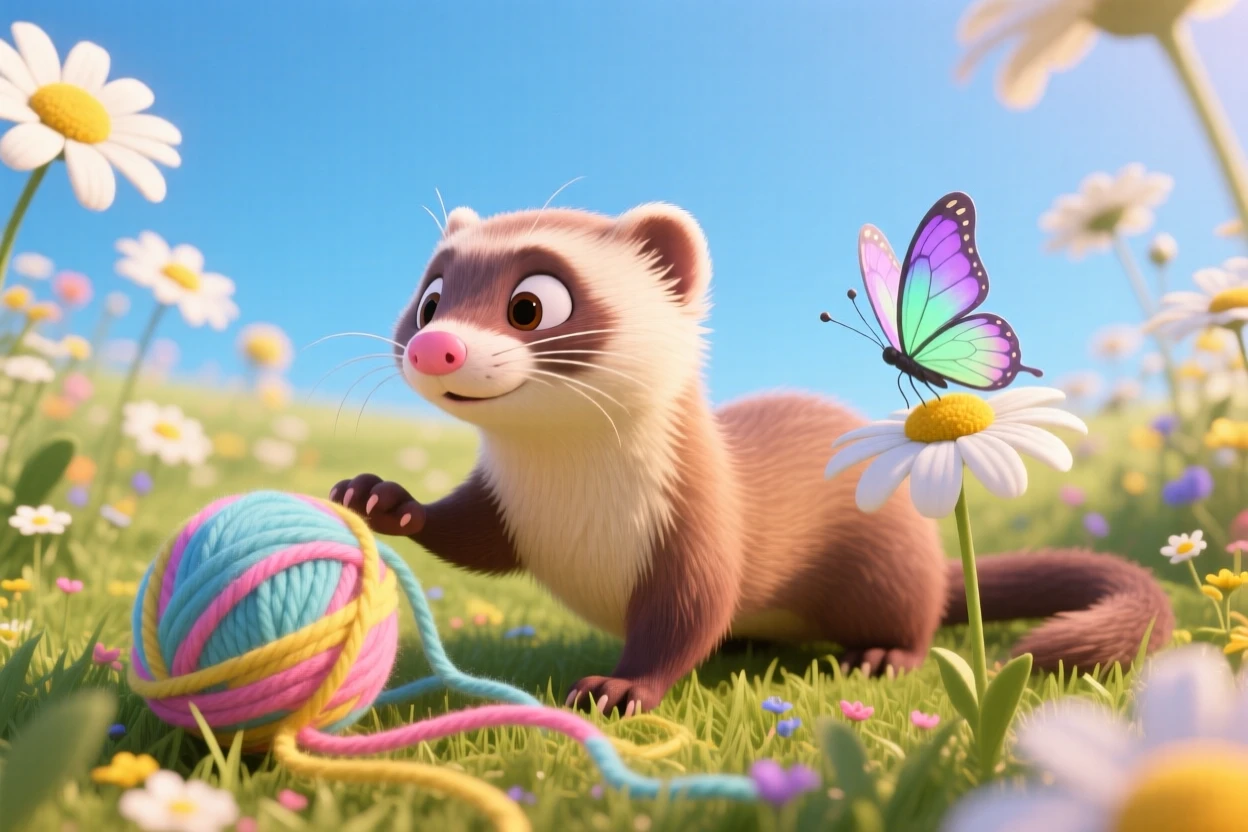 A curious ferret is exploring a sunlit meadow full of daisies, pawing gently at a ball of yarn. The mood is soft, tender, and endearing, with a small butterfly resting nearby.