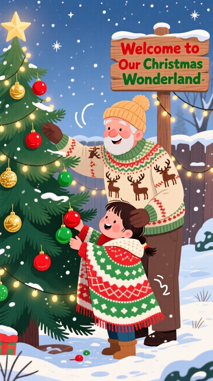 With his grandfather close by, a child wrapped in a cozy blanket is decorating a Christmas tree, with laughter echoing through the yard.