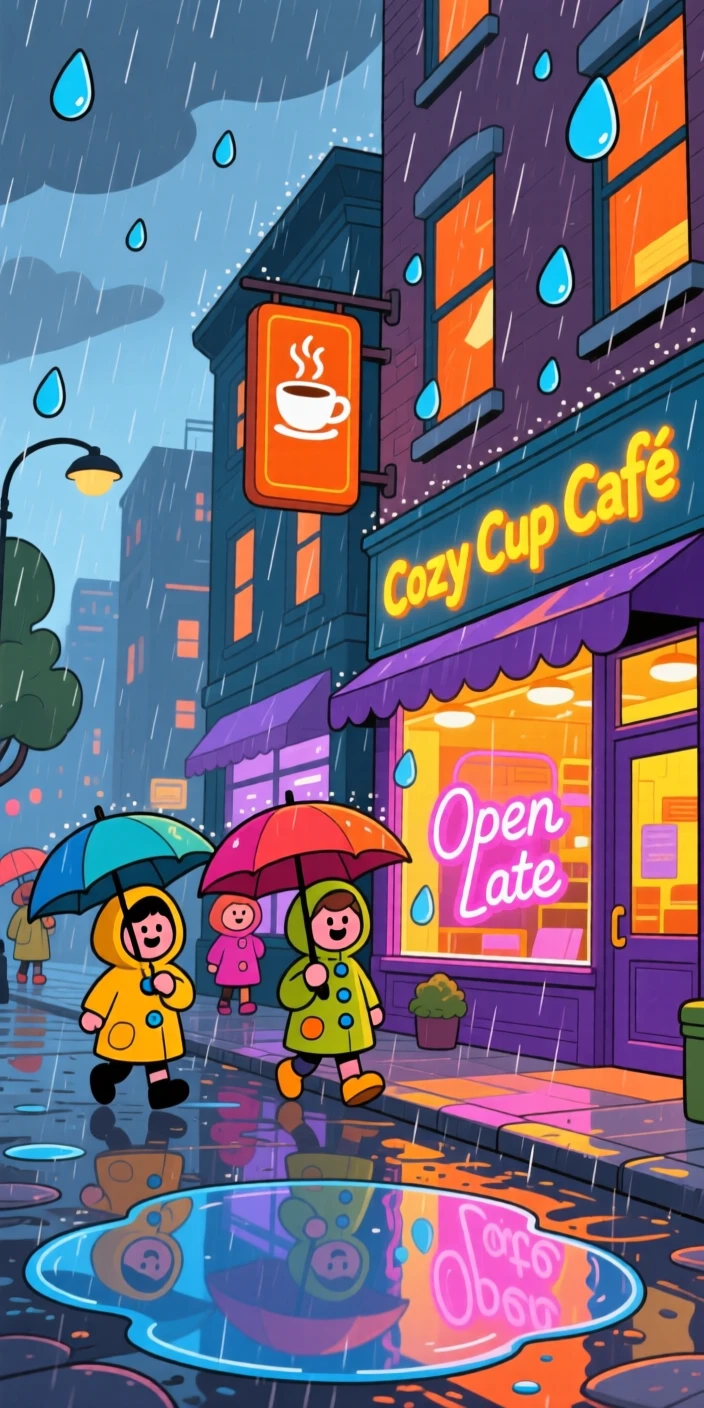 A rainy city street reflecting glowing shop windows at dusk.
