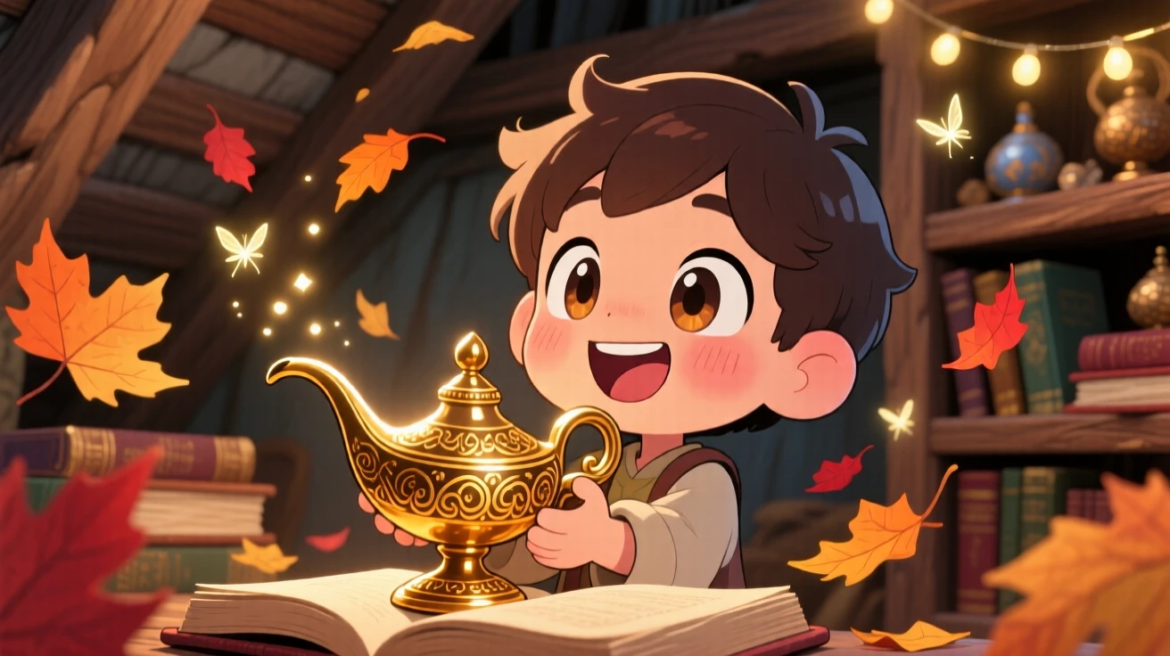 In a dusty storybook attic, a small boy is discovering a genie's lamp in an attic with autumn leaves swirling around, bathed in warm fairy-light glow, expression full of delighted joy. Shot as an extreme close-up.