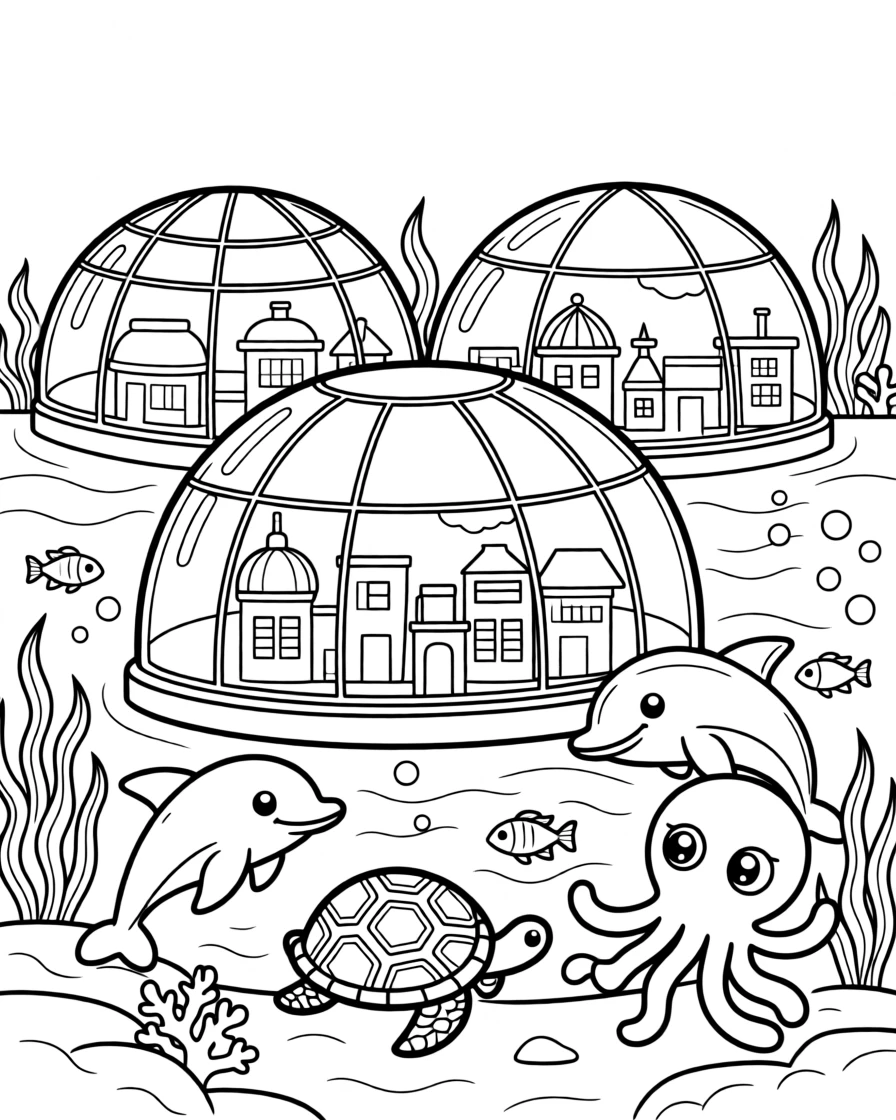 An underwater city with glass domes and friendly sea creatures