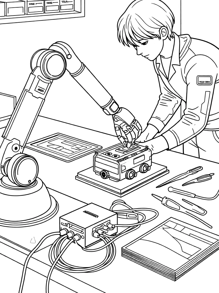 A robot arm assembling a small mechanical device, with cables neatly arranged along the desk.