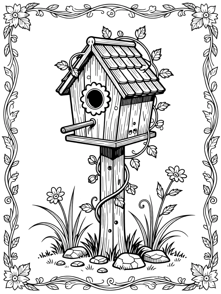 A vintage birdhouse with vines climbing up its post toward the roof.