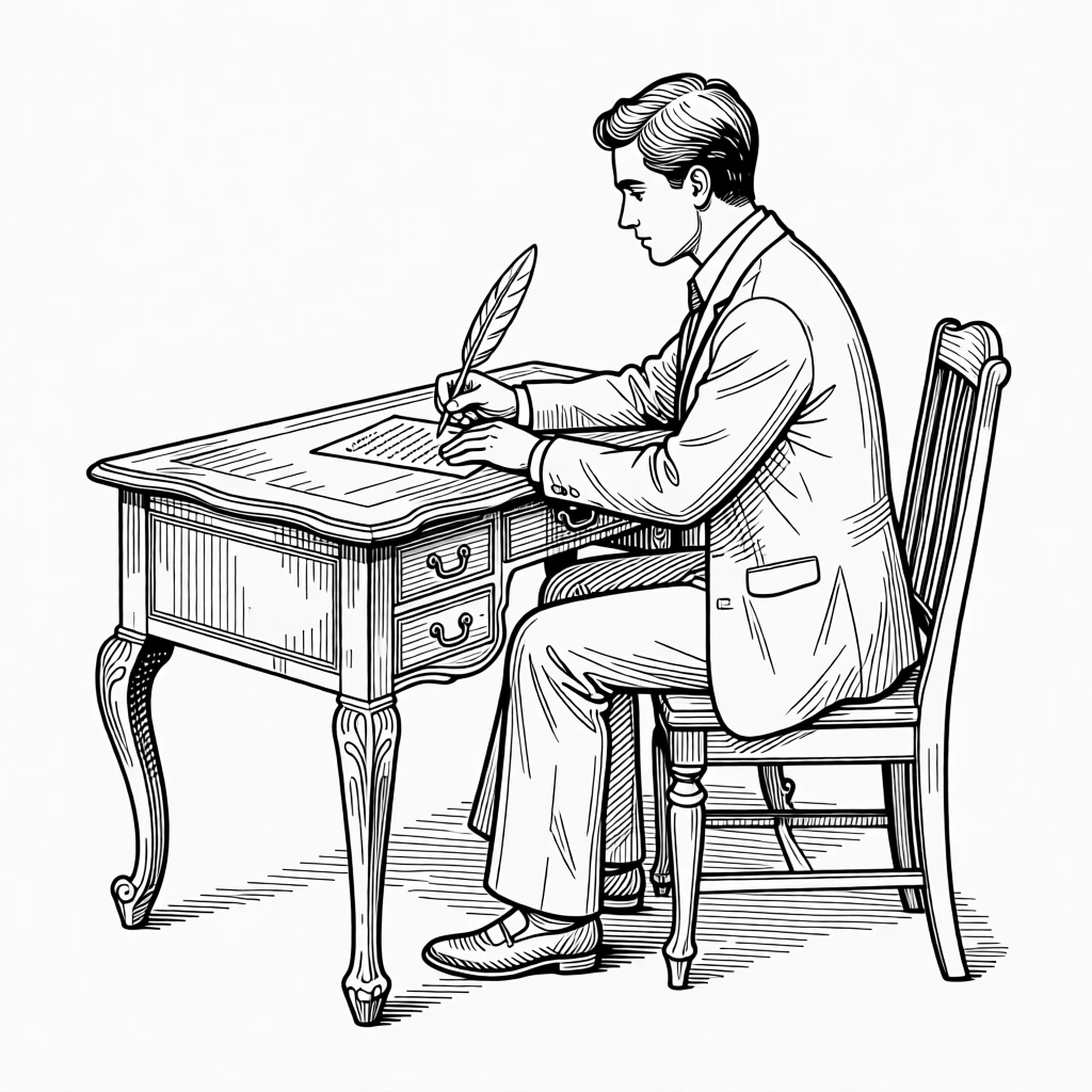 A person writing a letter at an antique wooden desk