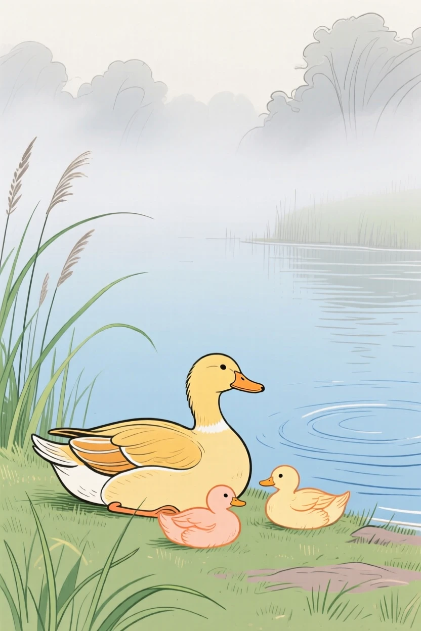 A family of ducks resting beside a still lake as fog rolls in.
