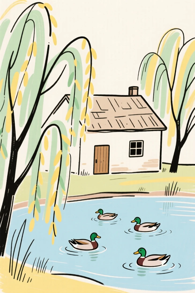 A duck pond beside a rustic farmhouse surrounded by willow trees.