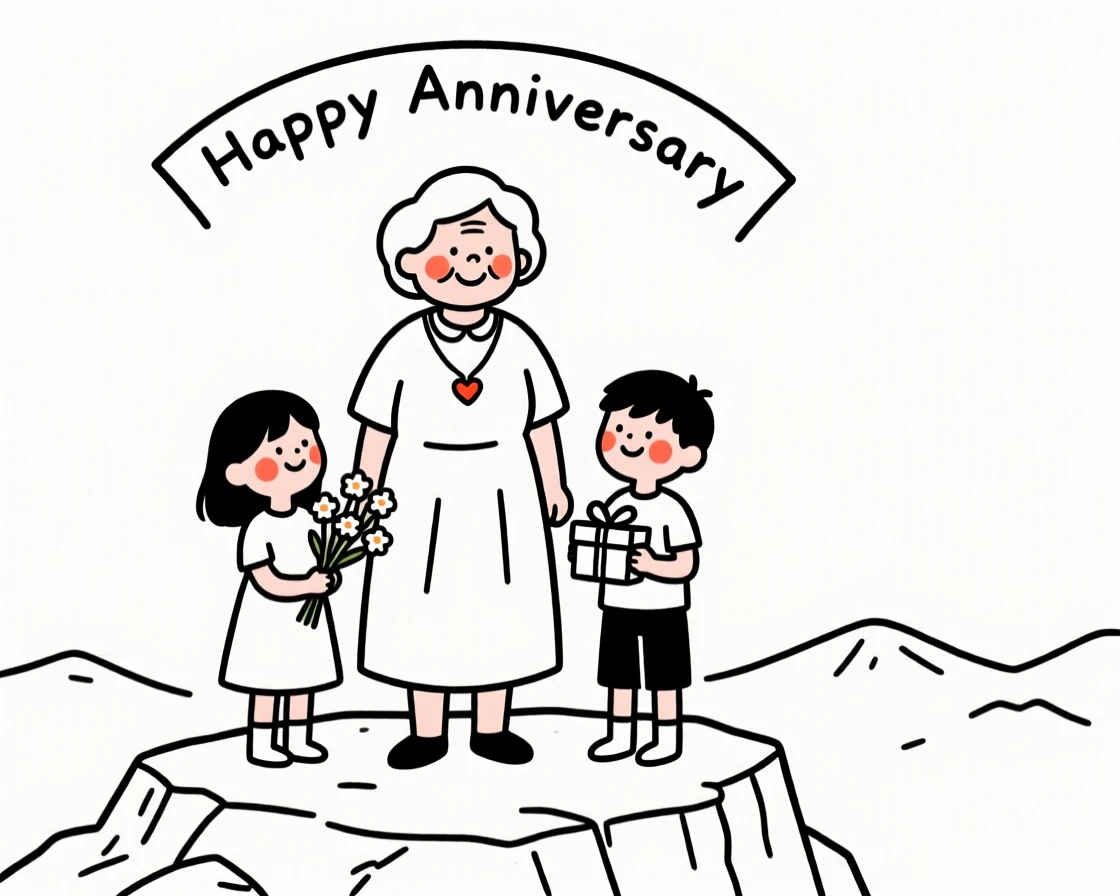 A grandmother and grandchildren celebrating an anniversary, on a mountaintop overlook.
