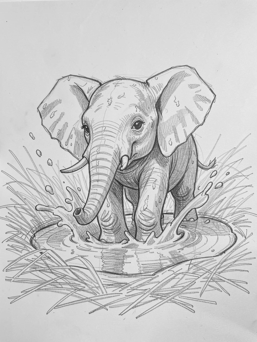 A baby elephant splashing in a mud puddle, in a nest of soft hay, with big, curious eyes.