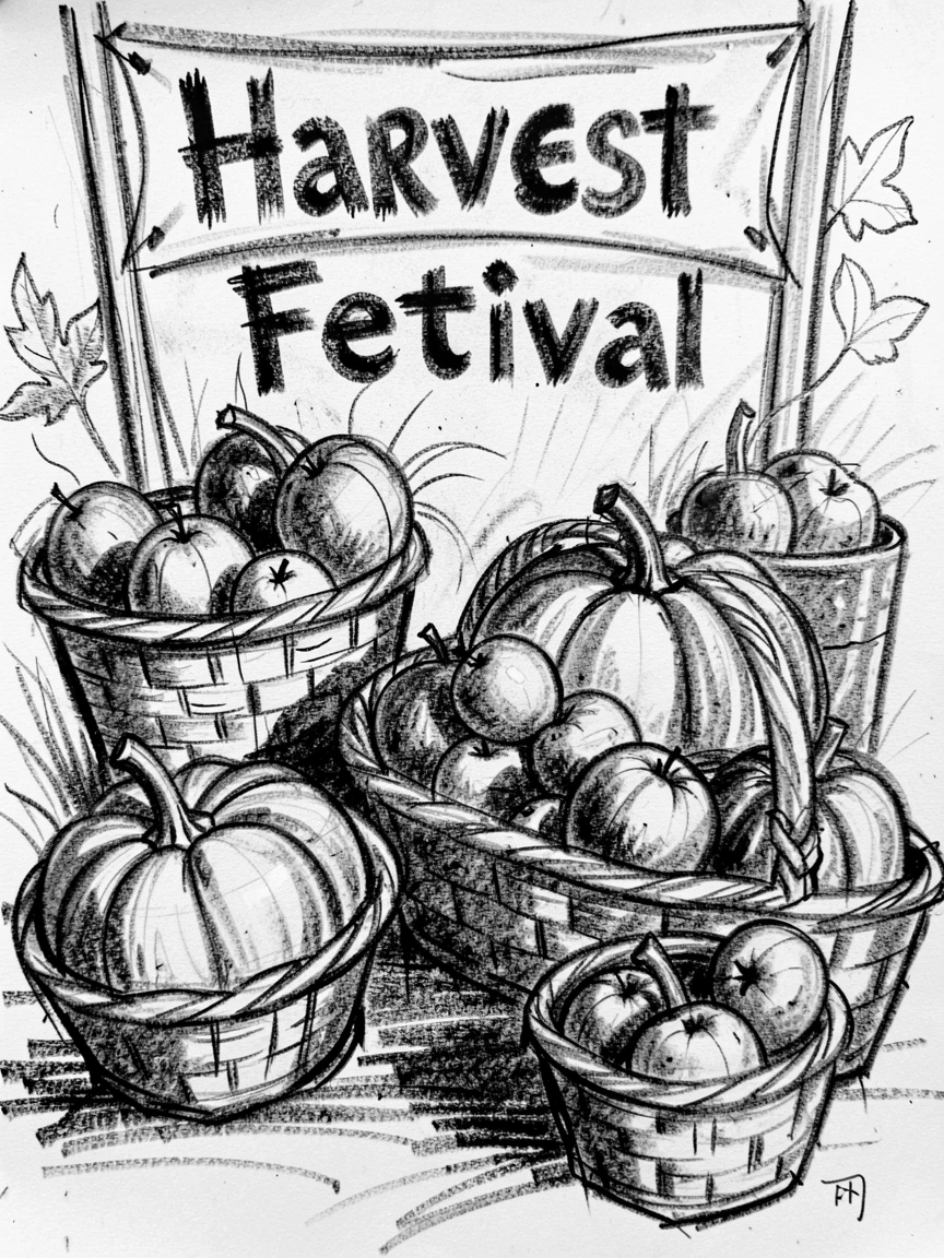 A harvest festival with baskets of pumpkins and apples, with a light breeze stirring the surroundings.