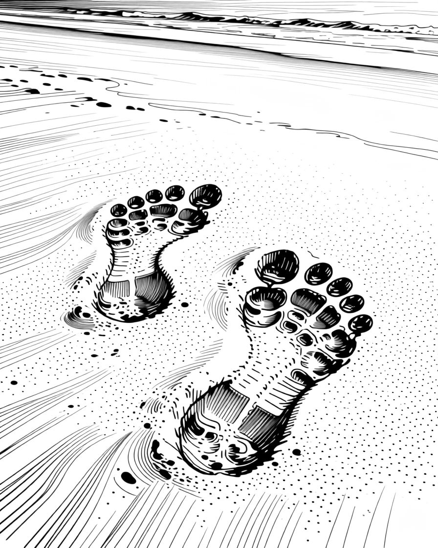 A pair of footprints leading across an untouched sandy beach.
