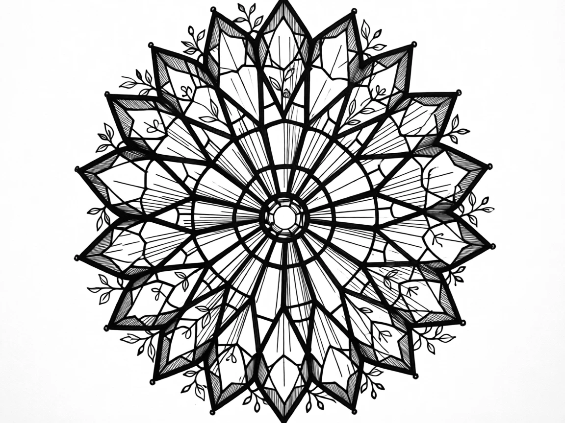 A geometric pattern inspired by stained glass windows arranged in perfect radial symmetry, with tiny botanical elements woven throughout, forming a gracefully composed decorative composition.