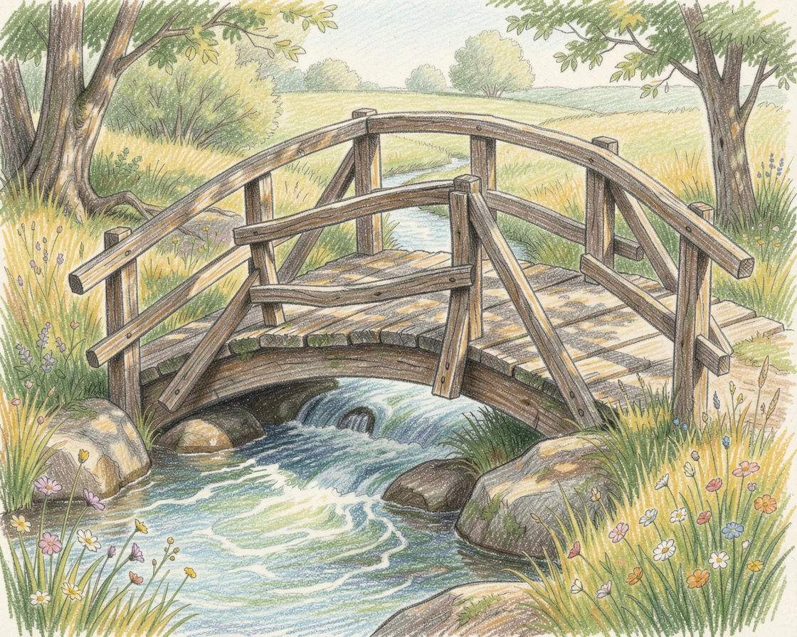 A rustic countryside footbridge over a gently flowing stream, with a gentle play of light and shadow across the composition, designed to feel inviting, memorable, and shareable.