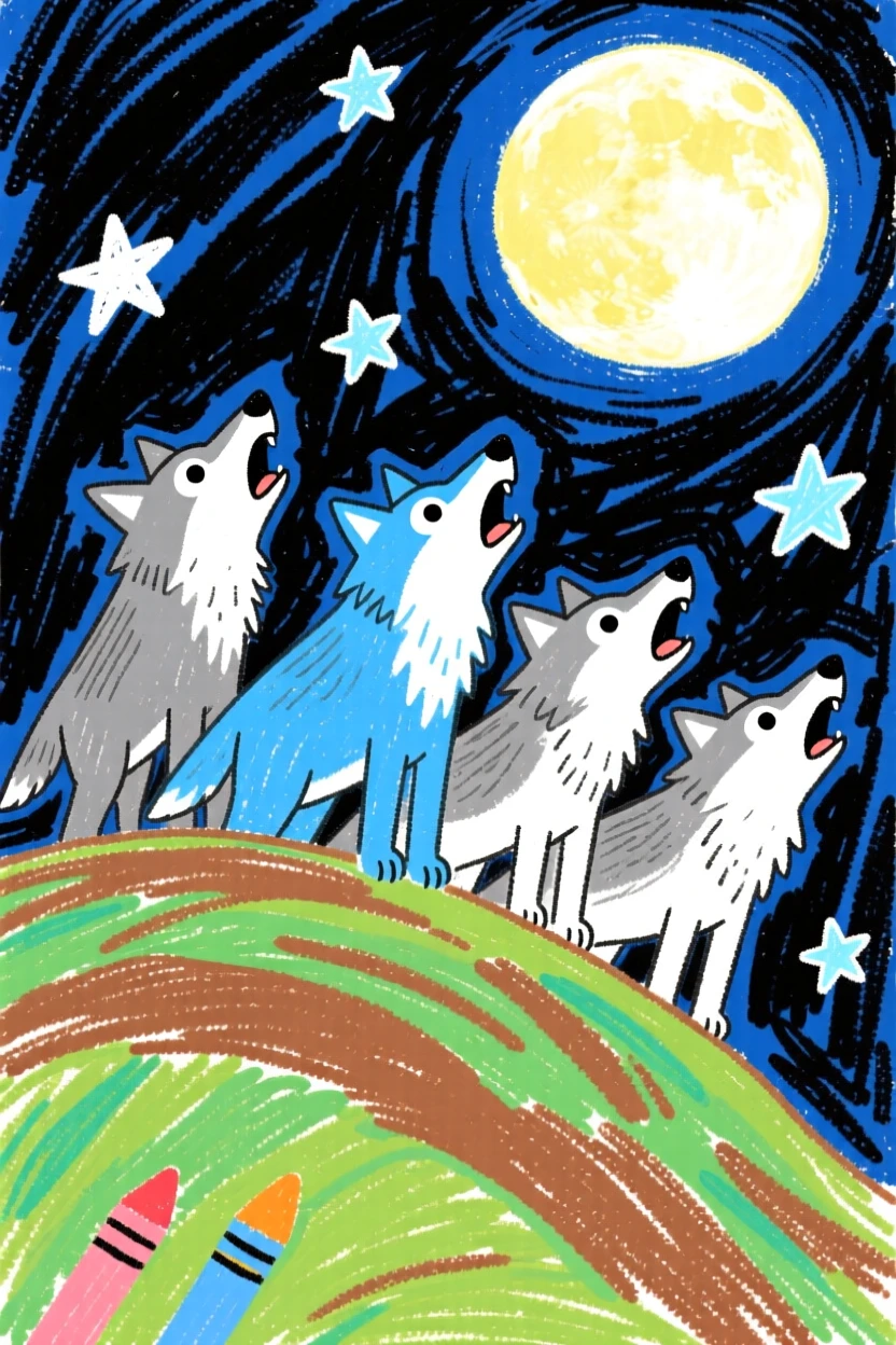 A pack of wolves howling together atop a moonlit ridge.