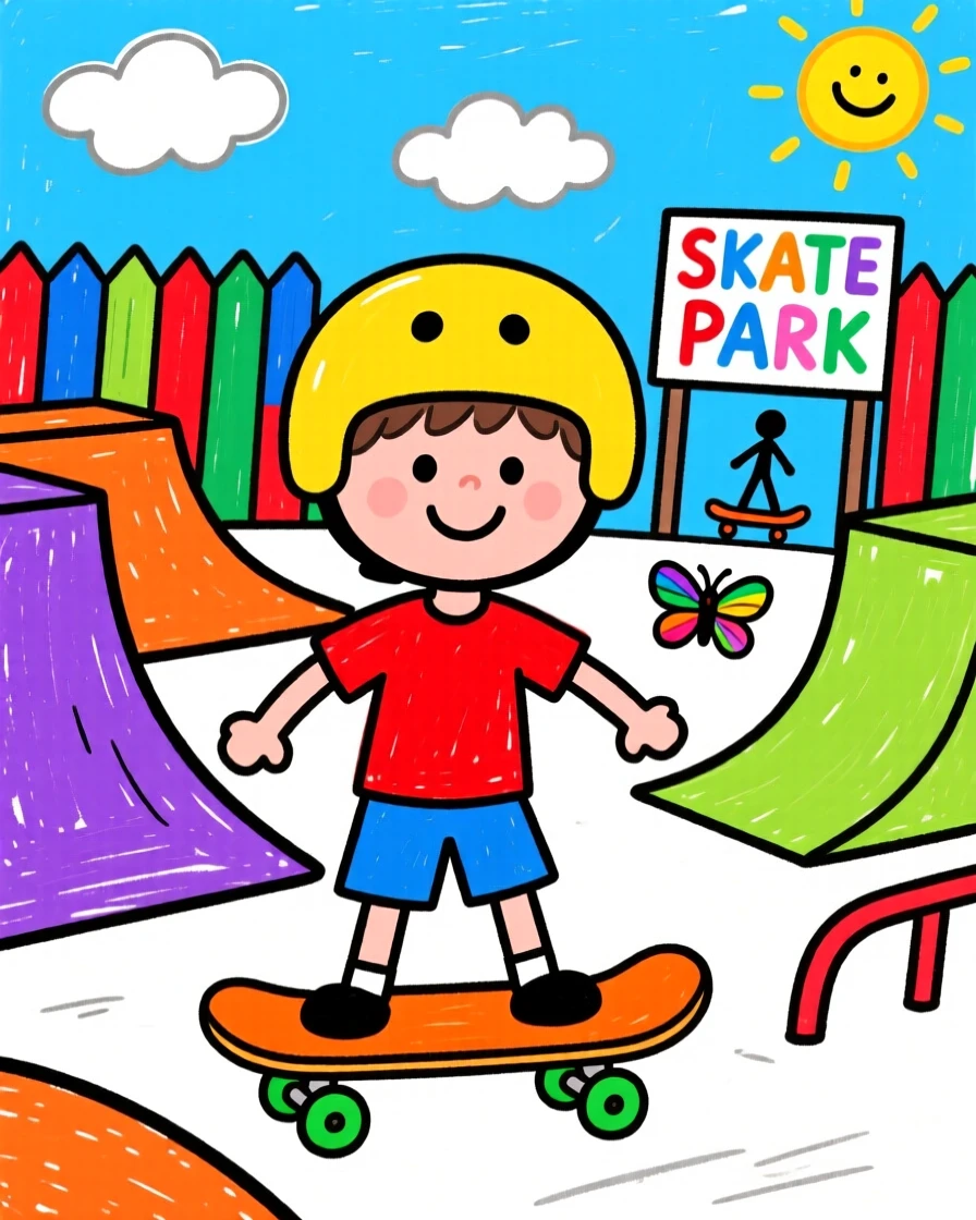 A boy learning to skateboard in a colorful skate park.