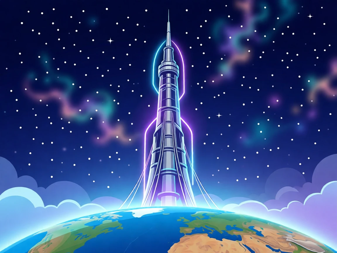 A futuristic space elevator stretching from Earth toward the stars, surrounded by soft glowing neon accents, framed from a striking low angle for a sense of scale, with a subtle sense of wonder about future possibilities.