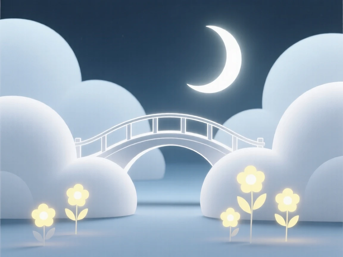 A magical bridge made of moonlight nestled within a world made entirely of clouds, glowing near clusters of luminous flowers, full of wondrous imagination.
