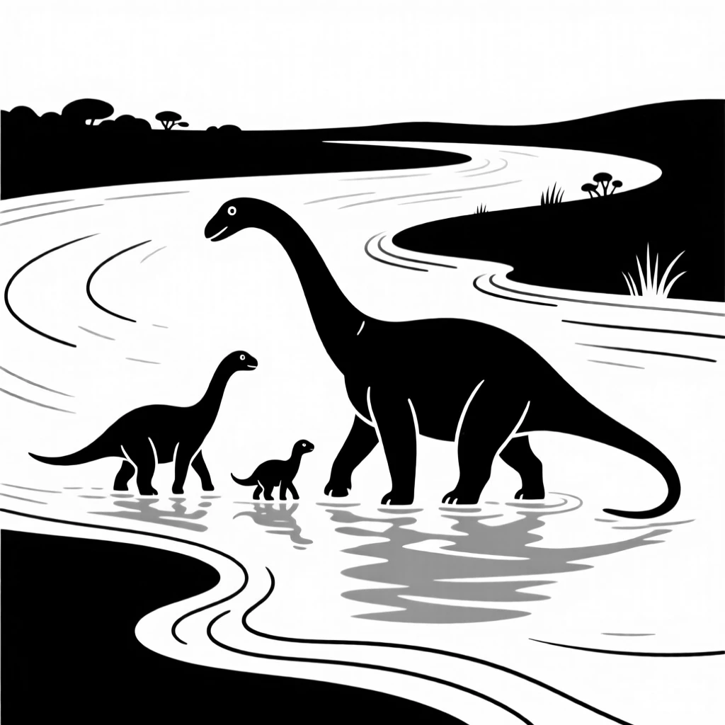 A Diplodocus family crossing a wide river.
