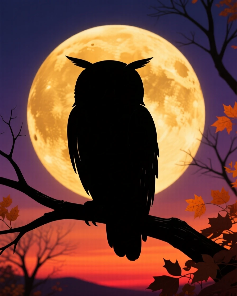 A single owl silhouetted against a full harvest moon.