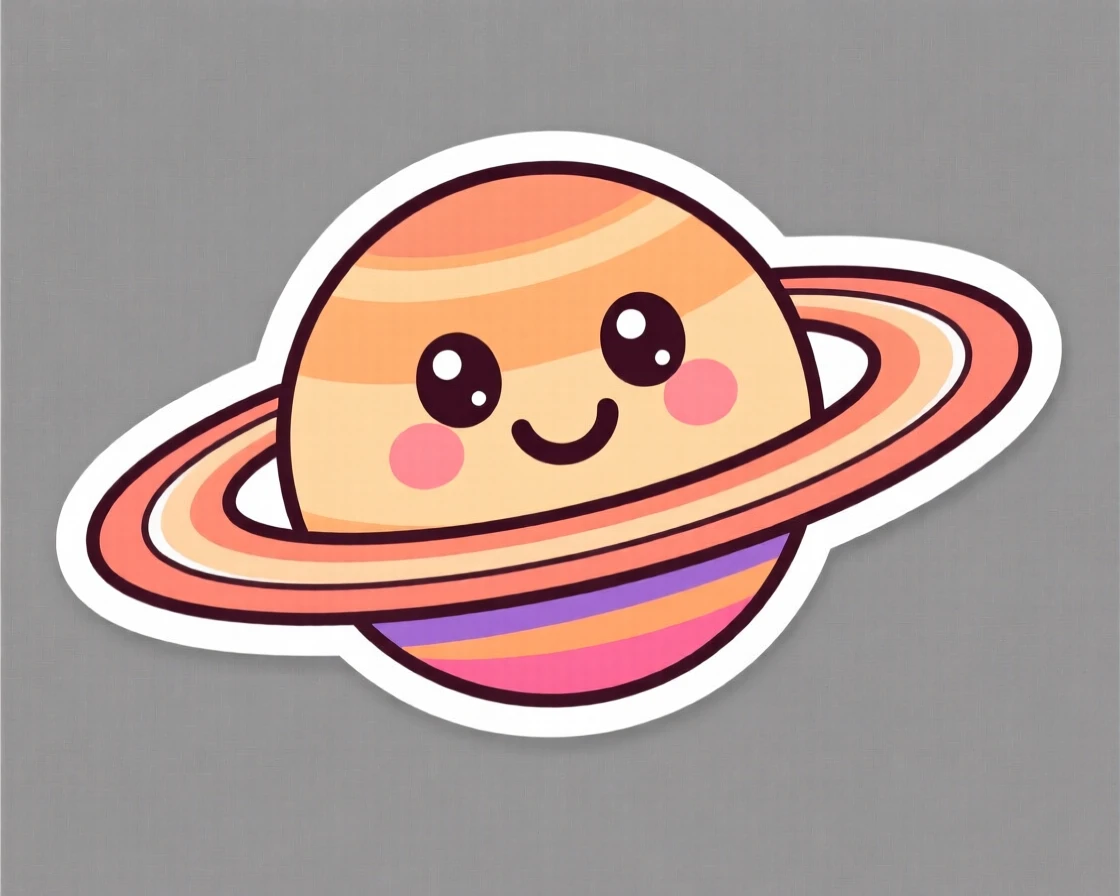 A warm and welcoming smiling cartoon planet Saturn with its rings, with cheerful expressive eyes, in a colorful and encouraging style.