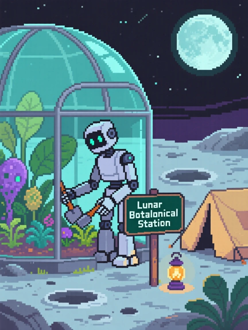 A robotic gardener tending space plants setting up camp on a quiet alien moon, within a greenhouse dome on the moon.