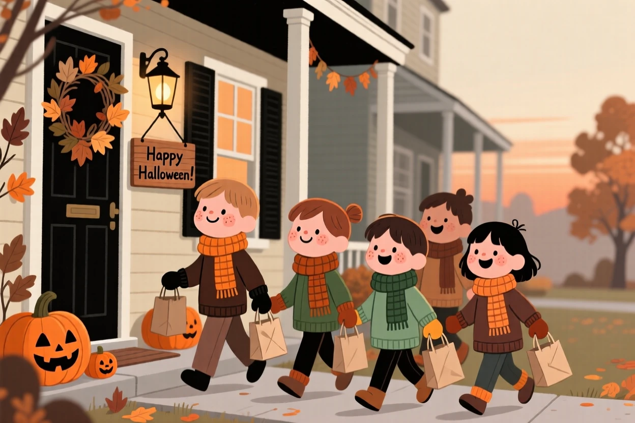 Children in knitted scarves and mittens carry small paper bags through a row of porches decorated for Halloween, giggling at every doorway.