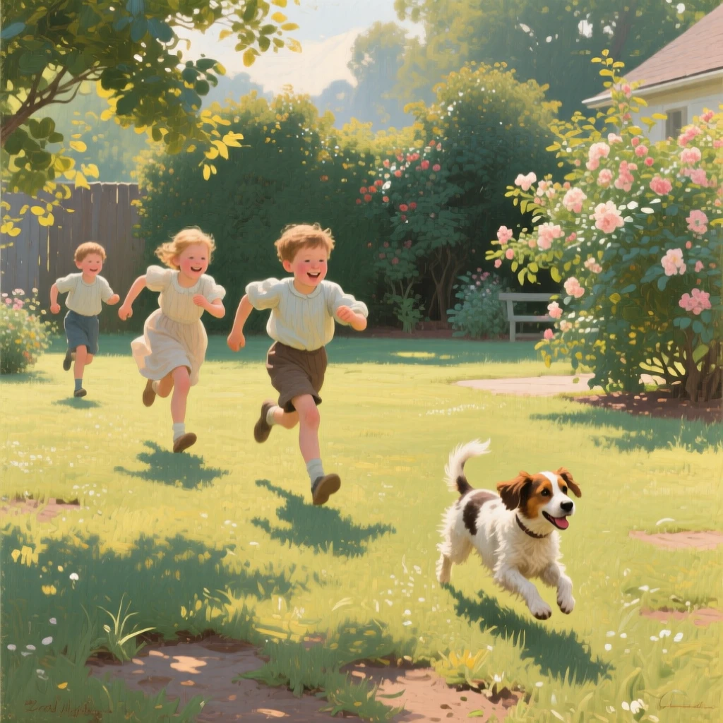 A balanced composition of children racing their puppy across a sunlit backyard, at the start of a humid summer, at midday.