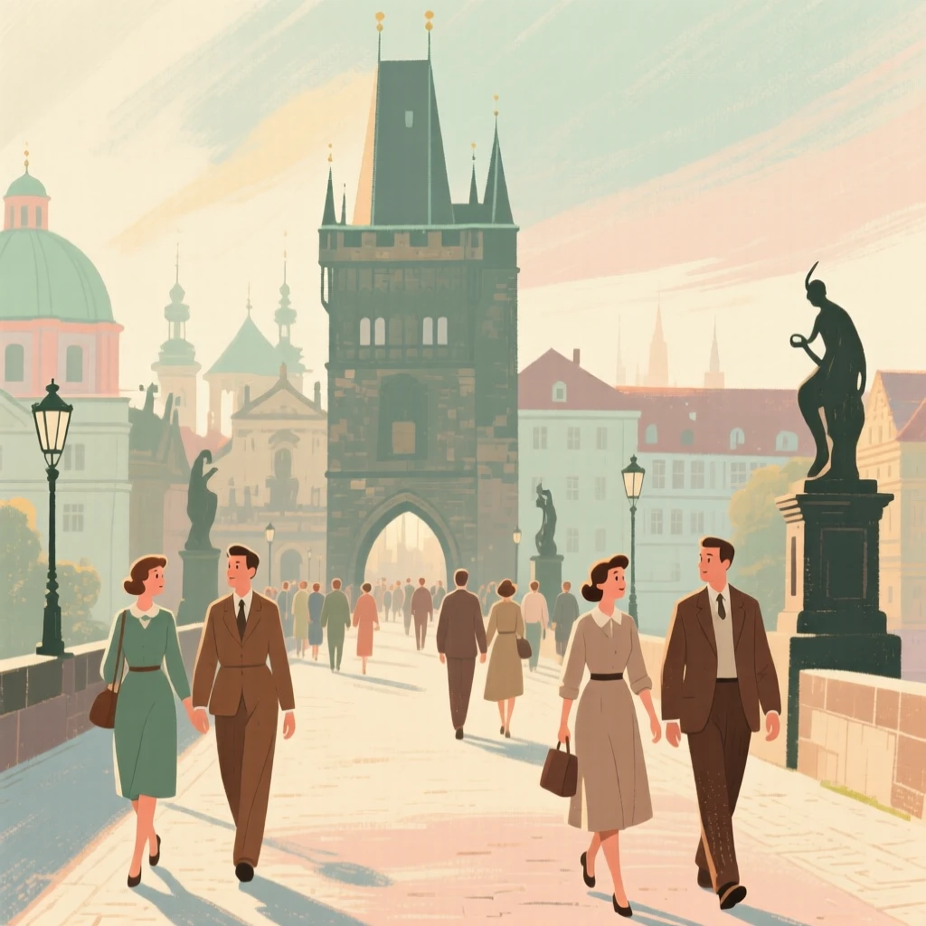A view of the Charles Bridge crowded with early morning walkers