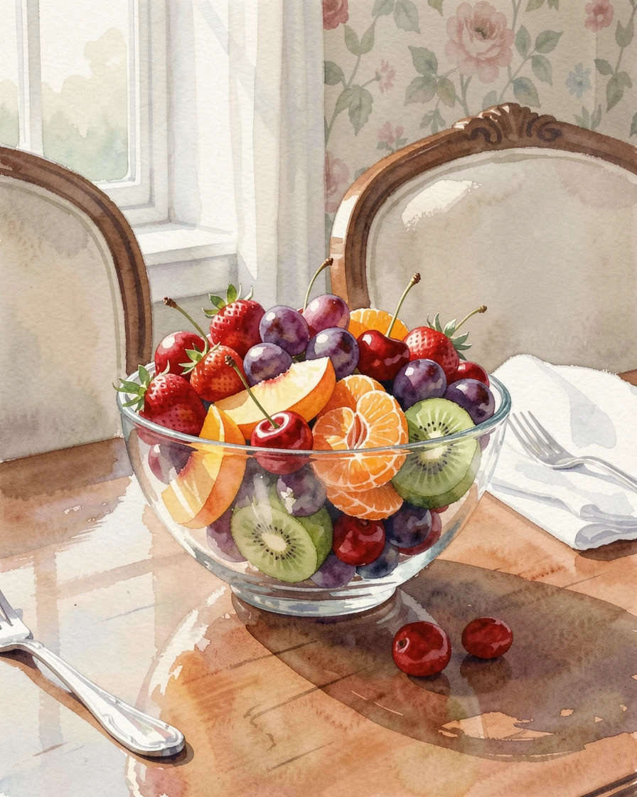A colorful fruit salad in a glass bowl in an elegant dining room setting.