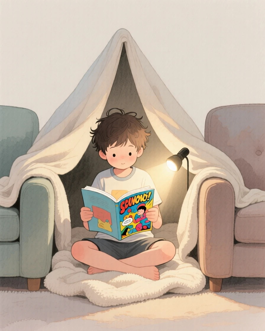 A young boy reads a comic book by flashlight inside a blanket fort built between two couches