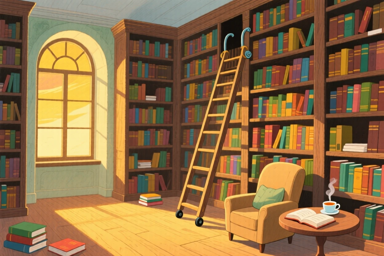 An old library with tall wooden shelves and a rolling ladder, glowing softly as evening falls.