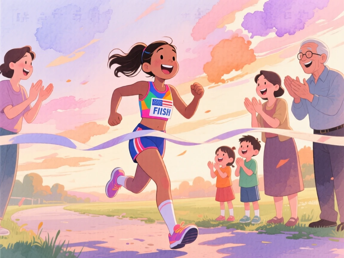 A young athlete crossing the finish line, cheered on by her proud family, under a sky painted with the soft colors of sunset, radiating kindness, hope, and heartfelt emotion.