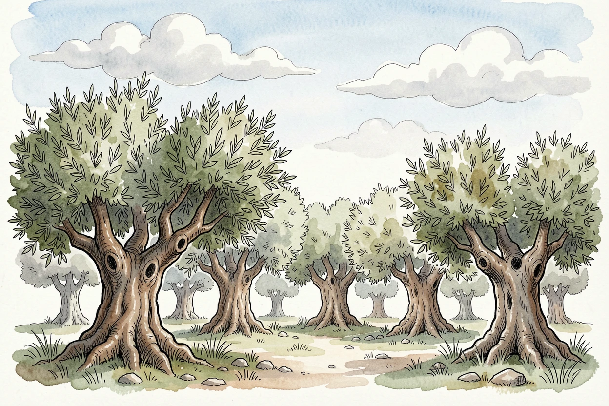 A grove of ancient olive trees twisted by centuries of wind, clouds drifting slowly across an otherwise clear sky.