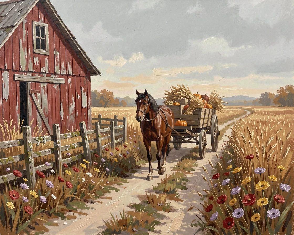 Beside a narrow dirt lane lined with wildflowers, an old red barn beside a weathered fence, a horse-drawn cart trundling down the country lane, in late autumn, after the harvest, stubble fields stretching out.