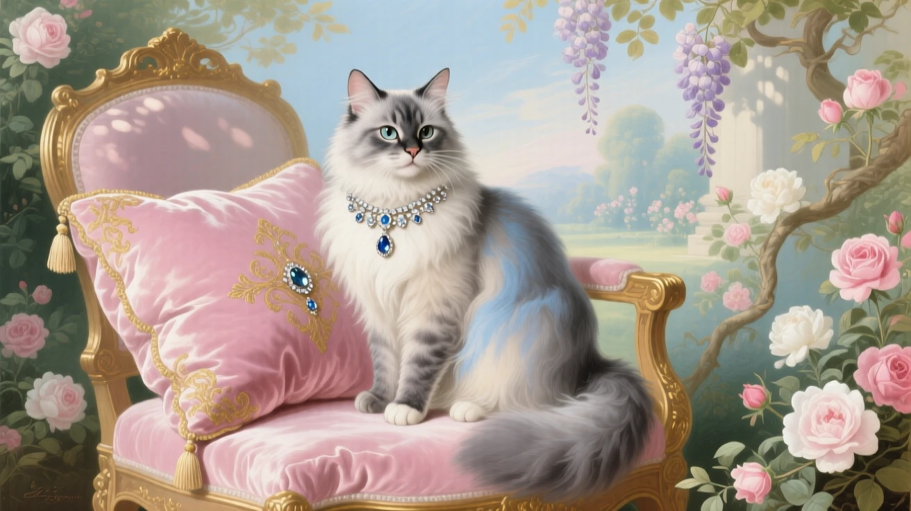 A royal cat sitting proudly beside a velvet cushion and a jeweled collar  