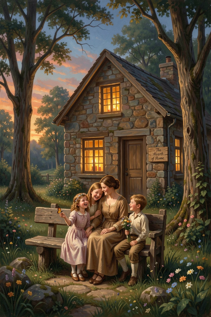 A mother and her children rest together beside a cozy cottage filled with candlelight as laughter fills the air.
