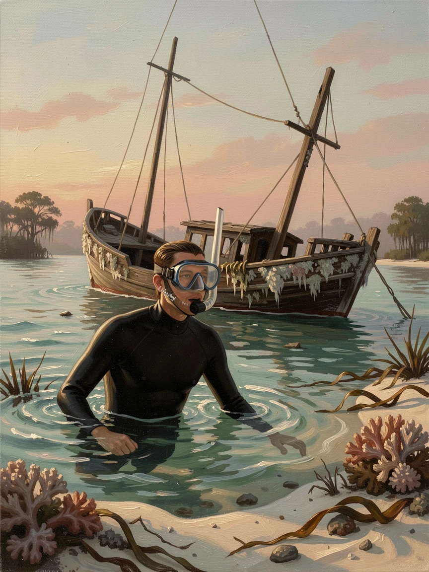 A snorkeler discovering a hidden shipwreck in crystal-clear tropical water, as the golden light of dawn or dusk sets the perfect adventurous mood, evoking wanderlust and the irresistible call of adventure
