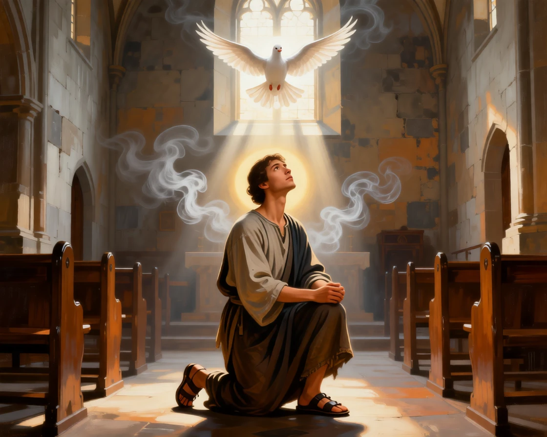 A shepherd kneeling in wonder before a radiant celestial light as ancient wisdom passes gently to the next generation, set within a sunlit chapel filled with drifting incense smoke, with a single dove or beam of light marking the sacred moment; the composition places the central figure within a halo of natural light, suggesting the enduring comfort of belief and community.