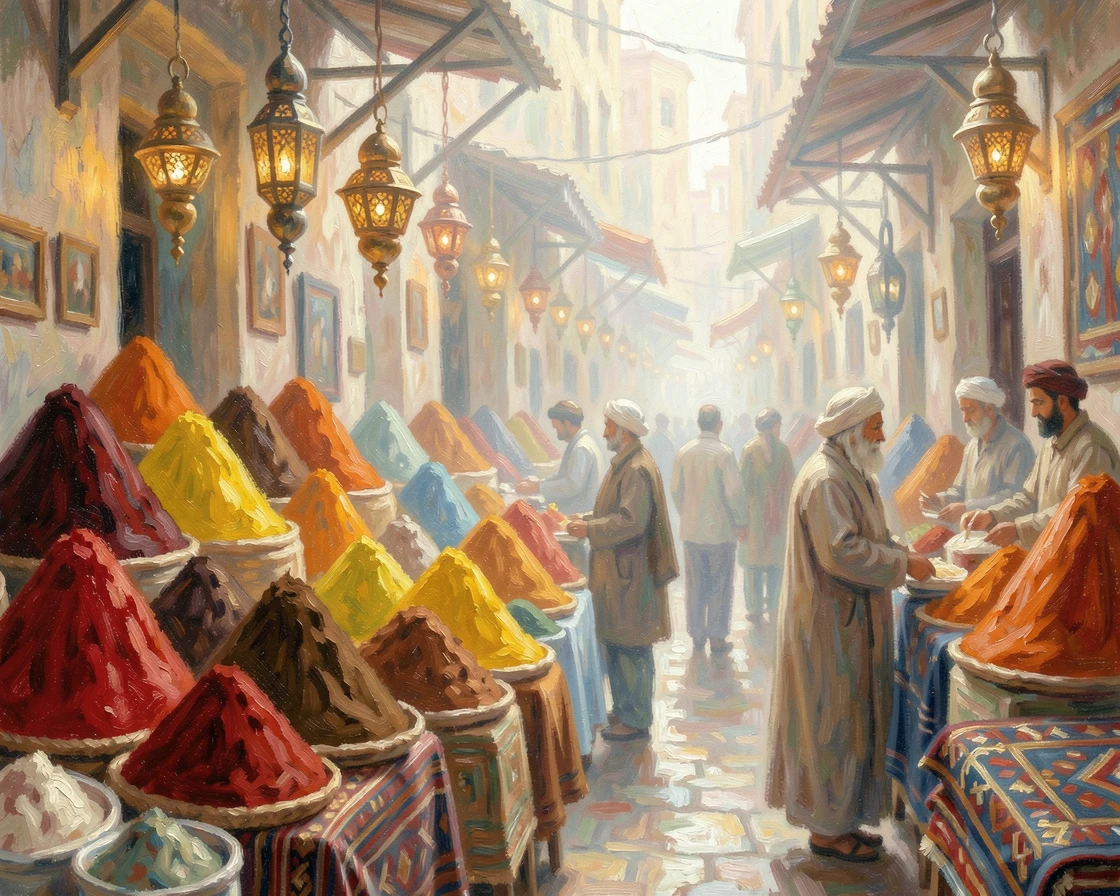 A bustling Moroccan souk filled with stacks of colorful spices, woven rugs, and hanging brass lanterns, in the gentle hush of early morning.