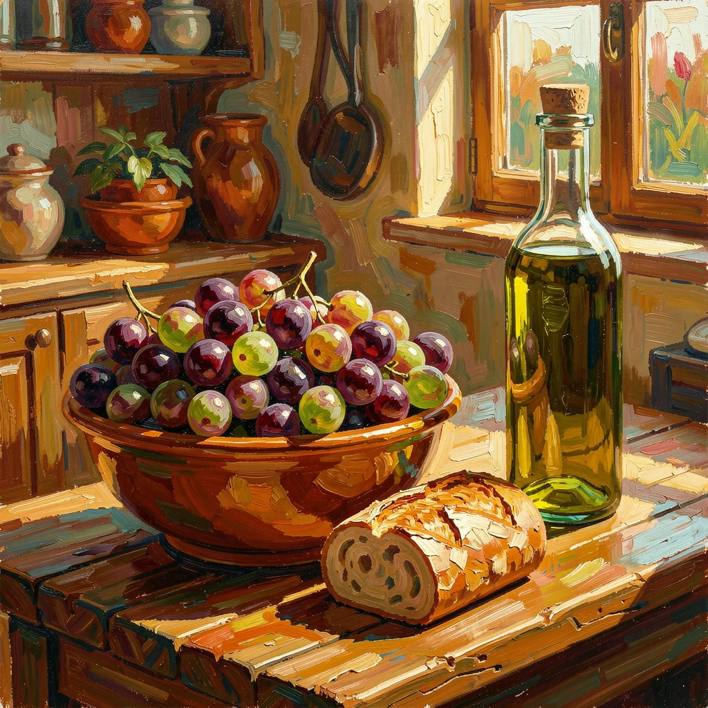A bowl of grapes and a wedge of bread beside a bottle of olive oil in a sunlit kitchen.