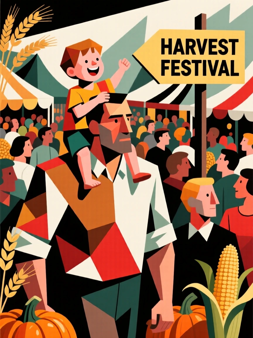 A child riding on a father's shoulders through a crowded harvest festival.