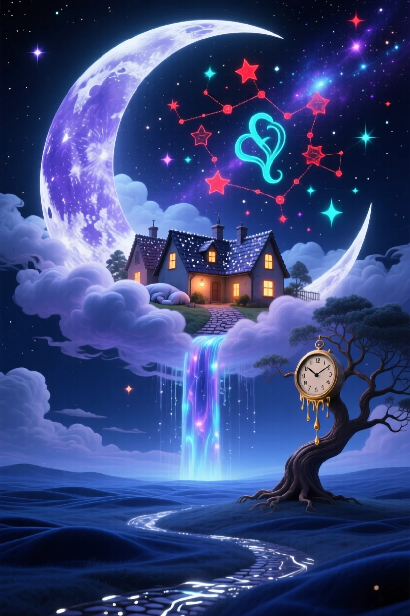 A crescent moon cradling a small sleeping village in its curve hangs silently over a sleeping world below, as clouds part gently to reveal deeper layers of stars beyond.